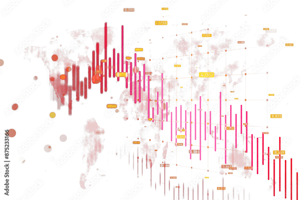 Leinwandbilder Abstract data visualization with a world map overlay and numerical data points on a white background, concept of global analytics. 3D Rendering
