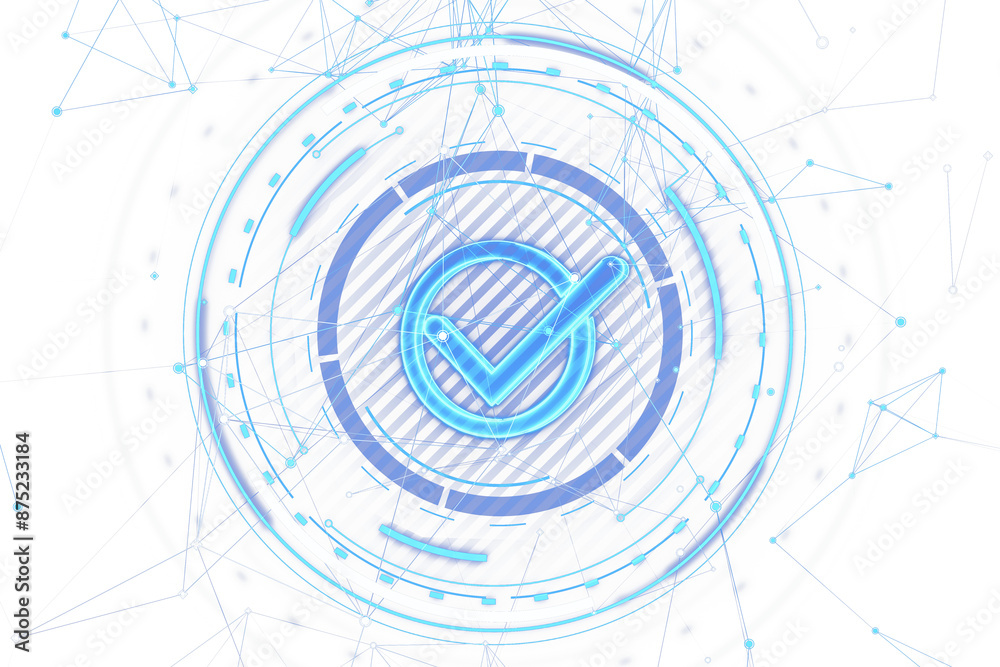 Poster A blue and white digital check mark in a futuristic interface with connected lines and dots, symbolizing validation, technology concept, isolated on a white background. 3D Rendering