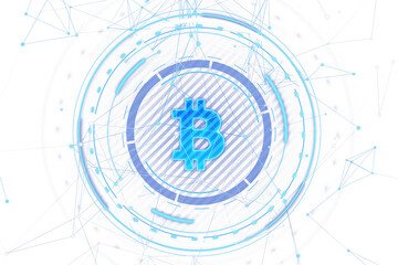 A digital illustration of Bitcoin symbol surrounded by abstract technology and network graphics on a white background, representing cryptocurrency concept. 3D Rendering