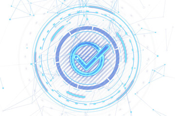 A blue and white digital check mark in a futuristic interface with connected lines and dots, symbolizing validation, technology concept, isolated on a white background. 3D Rendering © Who is Danny