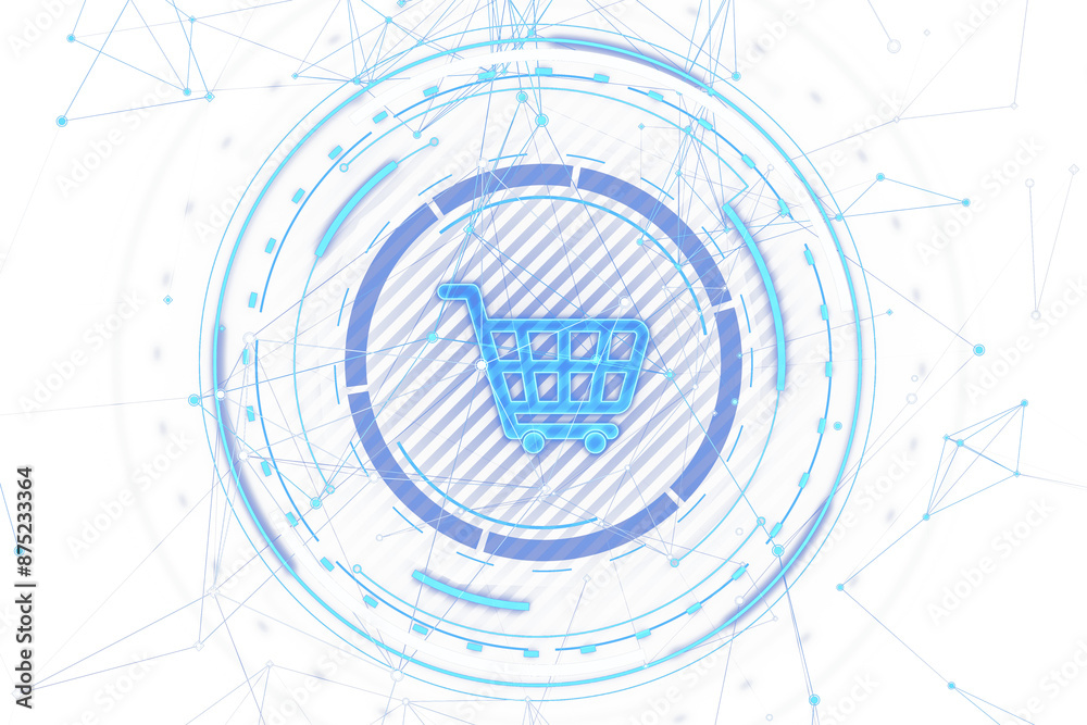 Poster A digital shopping cart icon within abstract circular patterns and network lines on a white background representing online shopping. 3D Rendering