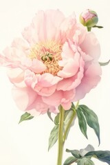 Fototapeta premium Pink peony flower watercolor painting, rustic still life illustration poster, for wedding, Mothers day, Womans day card. Flower composition with place for text, copy space. 