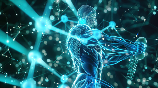 Enhanced Muscle Recovery with L-Glutamine Hologram Displaying Strong Muscles and Reduced Fatigue