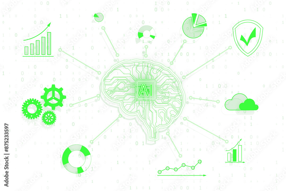 Aufkleber Conceptual graphic of an AI brain with connected data and icons on a white background, symbolizing technology and analytics. 3D Rendering