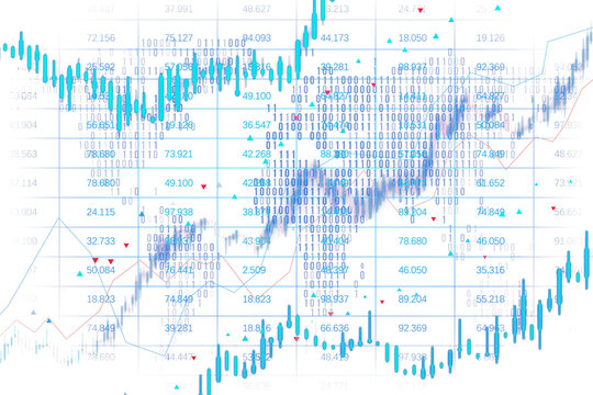 Abstract financial chart with binary code and overlaid stock market numbers on a blue and white background, concept of digital economy. 3D Rendering