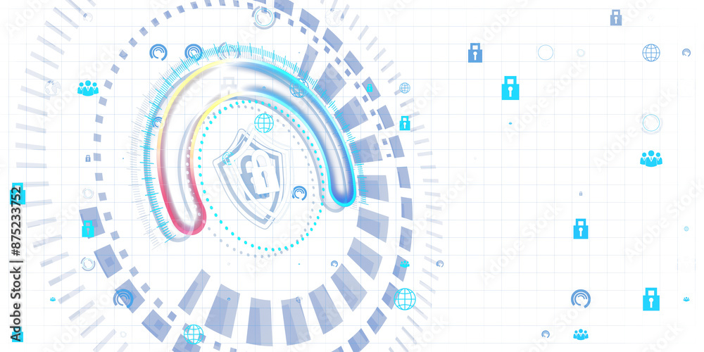 Fototapete abstract blue and white technological interface with icons on a grid background, concept of cyber se