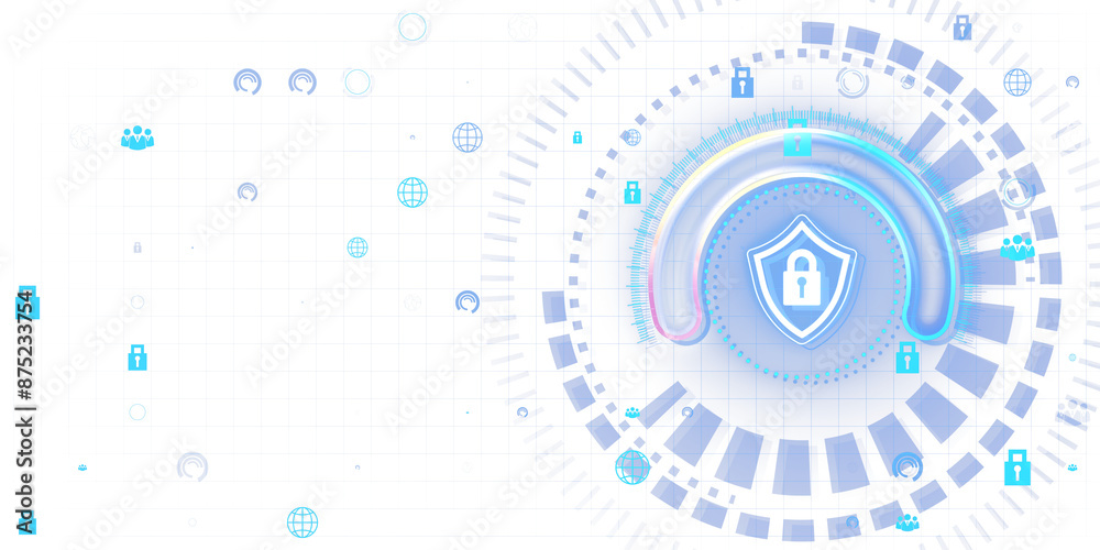 Aufkleber abstract cybersecurity concept with shield icon on a white futuristic interface background, digital 