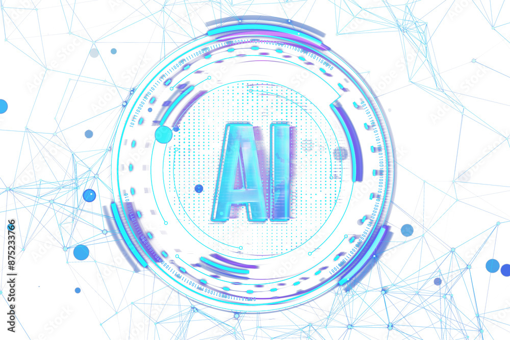 Poster A digital illustration of the letters AI styled in a tech-theme with circular patterns and network lines on a blue and white background, representing artificial intelligence. 3D Rendering