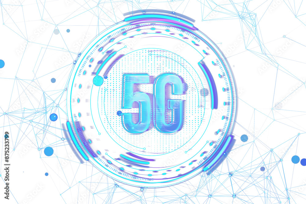 Poster a digital 5g technology concept on a blue and white geometric background, showcasing connectivity an