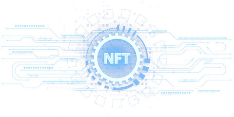 A digital illustration with a futuristic gear and circuit elements surrounding the letters 'NFT,' on a white and blue background representing blockchain technology. 3D Rendering