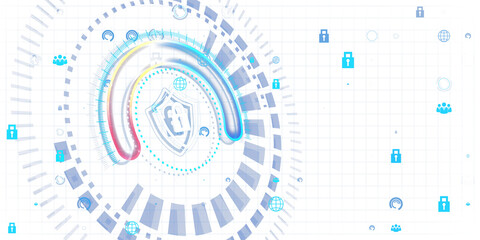 Fototapeta premium Abstract blue and white technological interface with icons on a grid background, concept of cyber security. 3D Rendering