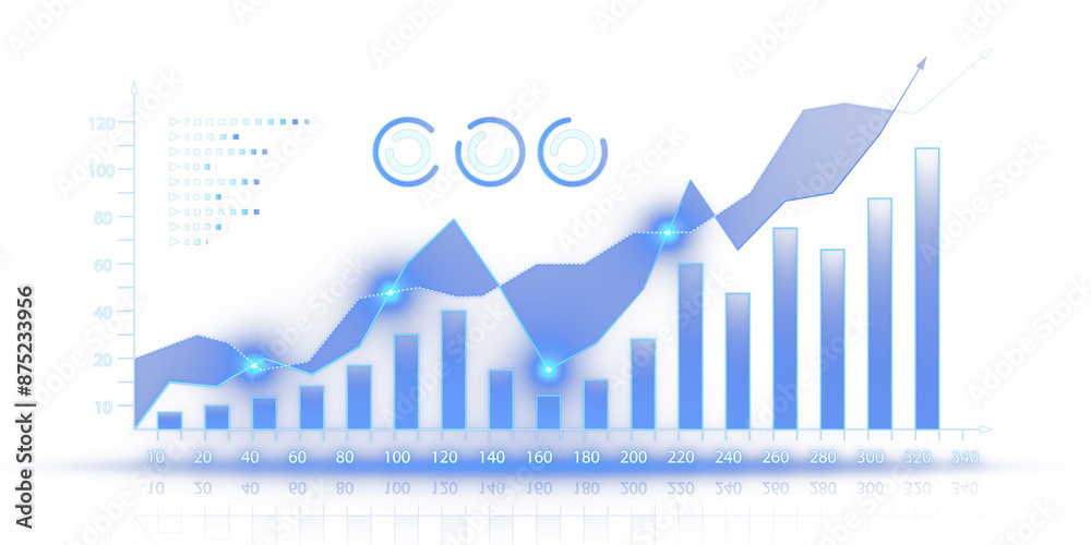 Aufkleber Stylized blue growth chart with bar and line graphs on a white background, representing financial analysis concept. 3D Rendering
