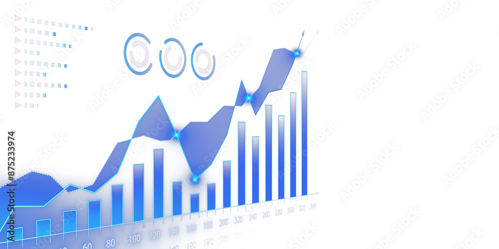 Poster a digital illustration of a rising bar graph with a dynamic line chart, on a white and blue backgrou