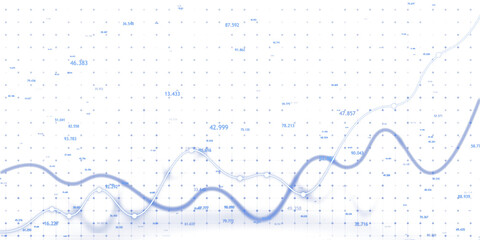 Abstract financial chart with uptrend line graph and numbers on a blue background, concept of stock market analysis. 3D Rendering