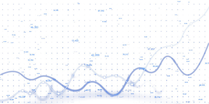 Abstract financial chart with uptrend line graph and numbers on a blue background, concept of stock market analysis. 3D Rendering