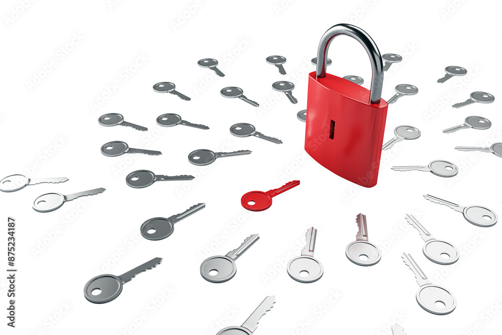 Poster A red padlock is surrounded by scattered silver keys, digital artwork on white background, representing security. 3D Rendering