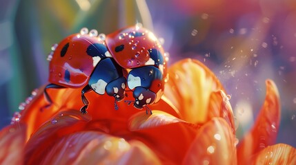 A captivating image of a pair of ladybugs sharing a moment on a vibrant flower petal, their tiny antennae touching in a miniature kiss, celebrating the sweetness of World Kissing Day, in breathtaking