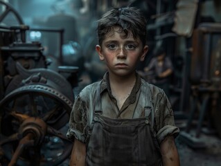a child laborer working in a factory, wearing worn clothes and a tired expression