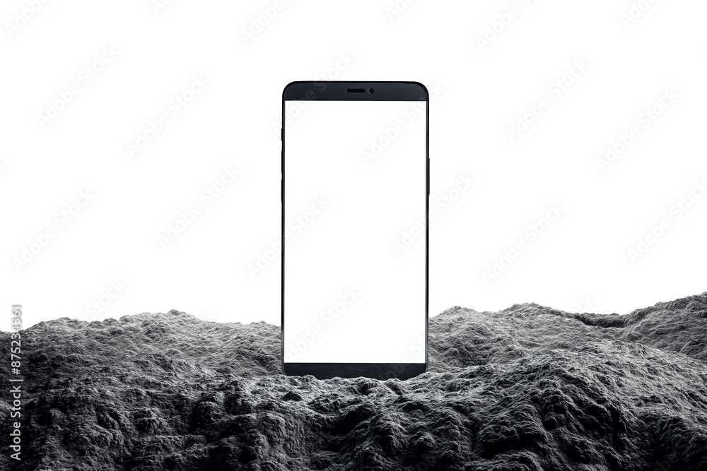 Poster smartphone mockup with a blank screen, isolated on a textured background, concept of technology and 