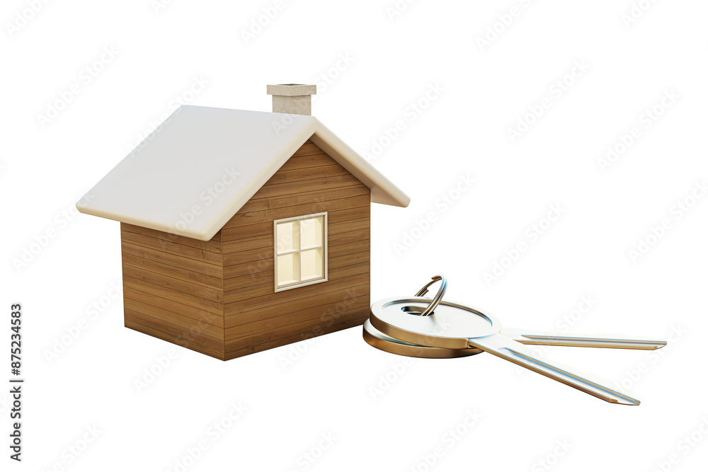 Poster a small wooden house model with keys on a white background, illustrating the concept of home ownersh