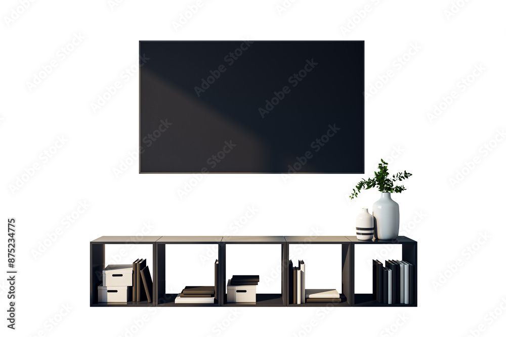 Poster A minimalist interior display features a black shelf with books and vases, a blank canvas on the wall, on a white background. 3D Rendering