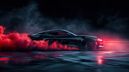 A lone sleek black sports car skids on a dark backdrop, leaving a trail of red smoke as its wheels spin furiously with friction.