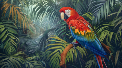 a parrot in a lush tropical jungle