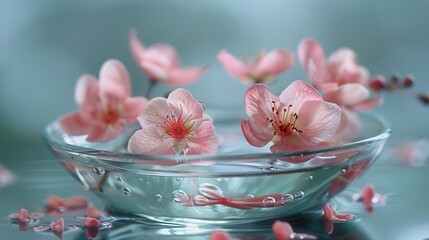 Delicate ripples enhance the serene beauty of pale pink flowers floating in a clear bowl of water, with soft reflections.