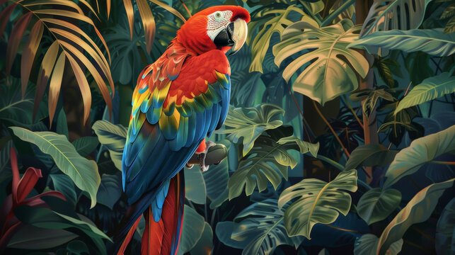 a parrot in a lush tropical jungle