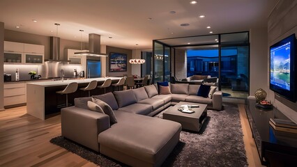 Modern living room with kitchen