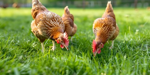 Fototapeta premium Two brown hens freely forage in green grass on a free-range chicken farm. Concept Free Range Farming, Brown Hens, Green Grass, Animal Welfare, Sustainable Agriculture