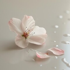 Naklejka premium Pink petals and a single white flower rest on a sleek, white table, presented in a chic and sophisticated manner.