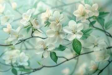 Obraz premium Soft white flowers with green leaves and branches, evoking a serene and tranquil ambiance.