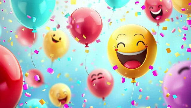 World Emoji Day Concept. Colorful balloons with a happy emoji face smiley. Emoji Celebration. World smile day emojis. World mental health day. World Laughter Day. Joyful mood. Copy space. 4K Videos