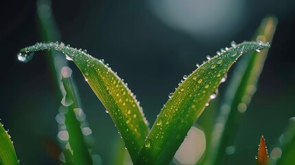 A close-up view of two rain-soaked blades of grass leaning together, their tips meeting in a gentle kiss, portraying the subtle beauty of nature's connections, in vibrant