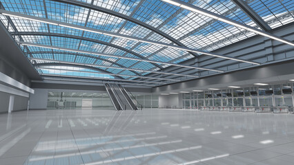 Shopping mall interior with store facades, escalators and a vaulted transparent roof overlooking the sky with clouds. 3d illustration
