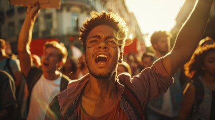 a protest scene with diverse people holding signs and shouting for change