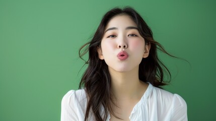 Close-up of a cute Korean woman blowing a kiss, wearing a white blouse, standing in front of a green background, Portrait close-up, hyper-realistic, high detail, photorealistic, studio lighting, Key