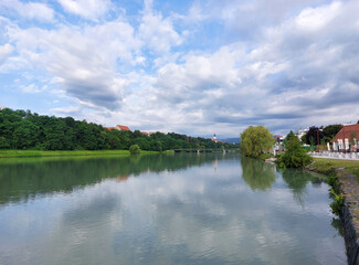 river Drava in Maribor in Europe. Cloudscape. Summer