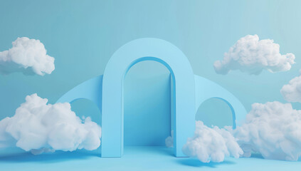 3d render blue background with white clouds and empty space, Product mockup