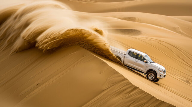 A white Nissan pickup truck is climbing a sand dune in the Dasht-e Lut desert in Iran.