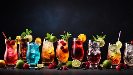 Cocktails assortment served on dark background. Classic drink menu concept. Copy space, panorama
