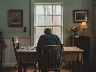 an elderly person sitting alone at a dining table, looking at a photo album, symbolizing loneliness in old age.