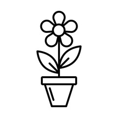 Vector icon of a potted flower, ideal for gardening or home decor themes. Simple black and white design. Editable stroke.