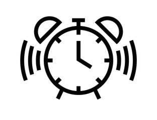 Vector icon of an alarm clock, representing time, wake up, and schedule themes. Simple black and white design. Editable stroke.