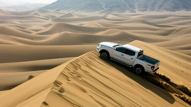 A white Nissan pickup truck is climbing a sand dune in the Dasht-e Lut desert in Iran.