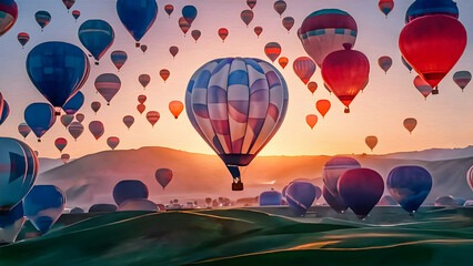 Obraz premium Crimson Canvas Sunrise and Soaring Balloons