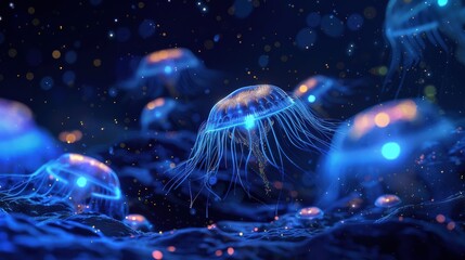 Naklejka premium Bioluminescent organisms in a dark ocean environment, creating a light show
