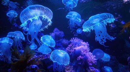 Bioluminescent organisms in a dark ocean environment, creating a light show