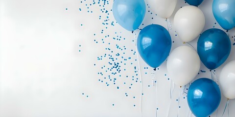 Celebrate in Style Blue and White Balloons, Confetti, and Frame on White Background. Concept Blue and White Balloons, Celebrations, Confetti, White Background, Party Frame